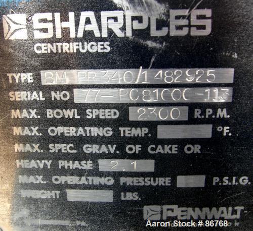 USED: Sharples PC-81000 Super-D-Canter Centrifuge, 304 stainless steel construction on product contact areas. Max bowl speed 2300 rpm, 8" single lead conveyor with tiles, 360 discharge with STC liner...