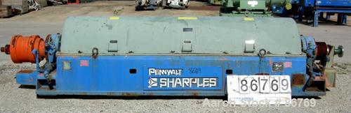 Used Sharples PC-81000 Super-D-Canter Centrifuge, 304 Stainless Steel Construction on Product Contact Areas. Max bowl speed 2300 RPM, 8" single lead conveyor with tiles, 360 discharge with STC liners...