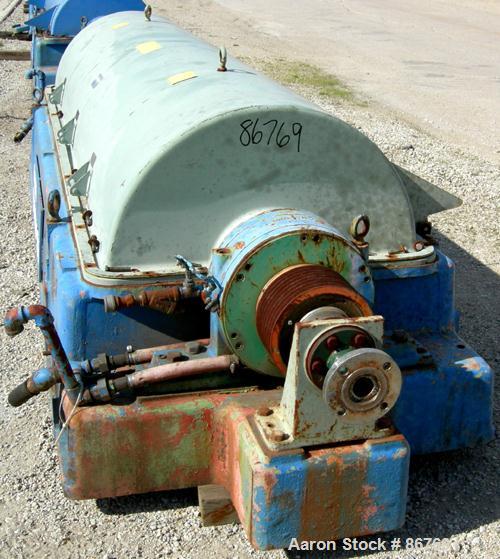 Used Sharples PC-81000 Super-D-Canter Centrifuge, 304 Stainless Steel Construction on Product Contact Areas. Max bowl speed 2300 RPM, 8" single lead conveyor with tiles, 360 discharge with STC liners...