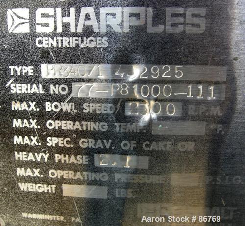 Used Sharples PC-81000 Super-D-Canter Centrifuge, 304 Stainless Steel Construction on Product Contact Areas. Max bowl speed 2300 RPM, 8" single lead conveyor with tiles, 360 discharge with STC liners...