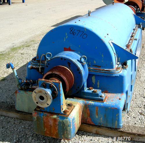 USED: Sharples PC-81000 Super-D-Canter centrifuge, 304 stainless steel construction on product contact areas. Max bowl speed 2300 rpm, 8" single lead conveyor with tiles, 360 discharge with STC liner...