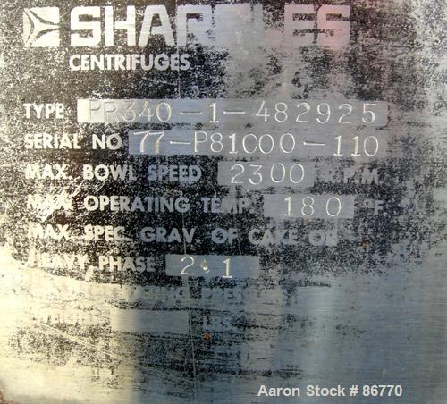 USED: Sharples PC-81000 Super-D-Canter centrifuge, 304 stainless steel construction on product contact areas. Max bowl speed 2300 rpm, 8" single lead conveyor with tiles, 360 discharge with STC liner...