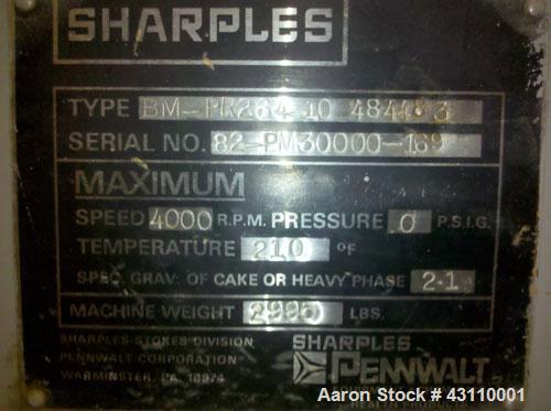 Used Sharples PM-30000 Super-D-Canter Centrifuge (same as a P-3400), max bowl speed 4000, single lead conveyor w/STC wear protection tiles, hogged-out solids discharge ports w/replaceable wear liners...