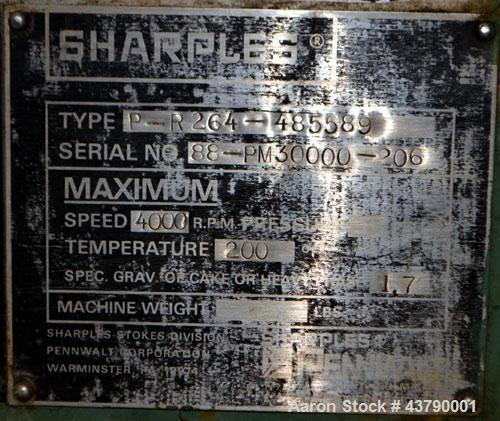 Used Sharples PM-30000 Super-D-Canter Centrifuge. 316 Stainless steel construction (product contact areas), maximum bowl speed 4000 rpm, 4-1/4” single lead conveyor with sintered tungsten carbide wea...