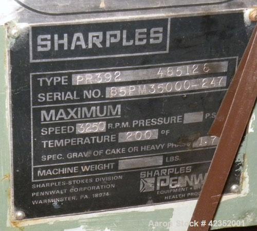 Used Sharples PM-35000 Super-D-Canter Centrifuge, 316 Stainless Steel Construction (product contact area), maximum bowl speed 3250 rpm, single lead conveyor with sintered tungsten carbide wear protec...