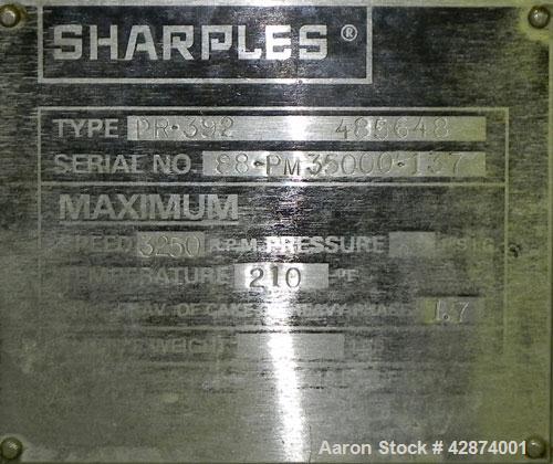Used Sharples PM-35000 (Type RR-392) Super-D-Canter Centrifuge System. Driven by a 30 HP, 3/60/460 Volt, 1755 RPM motor. 10 HP backdrive motor. Includes a control panel with an Allen Bradley Panelvie...