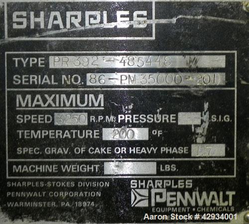 Used Sharples PM-35000 Super-D-Canter Centrifuge, Type PR392-485448, 316 Stainless Steel Construction (Product Contact Areas). Max bowl speed 3250 RPM, base, casing w/fiberglass top cover, gearbox. 7...