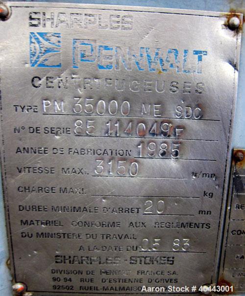 Used Sharples PM-35000 Super- D-Canter Centrifuge . Stainless steel construction (product contact areas), max bowl speed 3150 rpm, 360 degree solids discharge ports with sintered tungsten carbide wea...