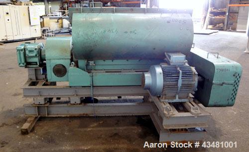 Used Sharples PM-35000 Super-D-Canter Centrifuge. 316 Stainless steel construction on product contact areas. Maximum bowl speed 3150 rpm, 360 degree solids discharge ports with sintered tungsten wear...