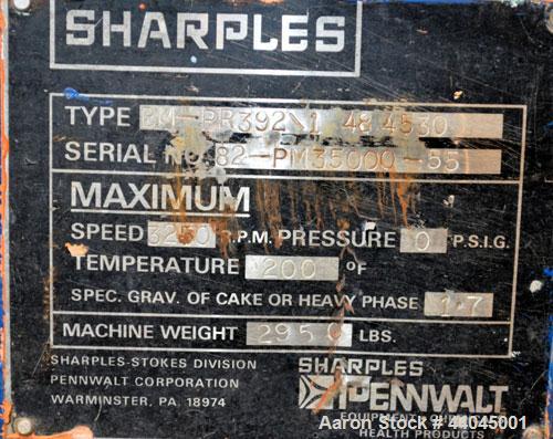 Used Sharples PM-35000 Super-D-Canter Centrifuge, 316 stainless steel construction on product contact areas.  Max bowl speed 3250 rpm, 5" single lead quasi-axial conveyor with sintered tungsten carbi...