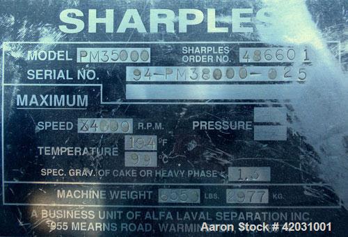 Used Sharples PM-38000 Super-D-Canter Centrifuge, 316 Stainless Steel Construction On Product Contact Areas. Maximum bowl speed 4000 RPM, 110 MM single lead conveyor with STC tiles, single row lined ...