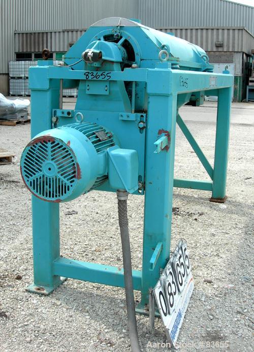 USED: Sharples PM38000 Super-D-Canter centrifuge, 316 stainless steel construction on product contact areas. Max bowl speed 4000 rpm, single lead conveyor, single row lined cake discharge, liquid pla...