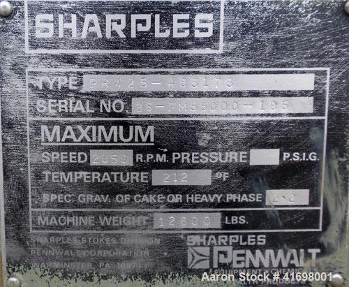 Used Sharples PM-55000 Super-D-Canter Centrifuge, 317 Stainless Steel Construction (Product Contact Areas). Maximum bowl speed 2850 RPM, 8 1/2" single lead conveyor with sintered tungsten carbide wea...