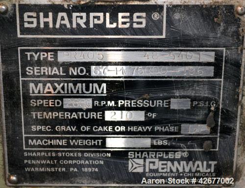 Used Sharples PM-75000 Super-D-Canter Centrifuge. 316/317 Stainless steel construction on product contact areas. Maximum bowl speed 2600 rpm, 360 degree solid discharge ports with STC liners, 10" sin...