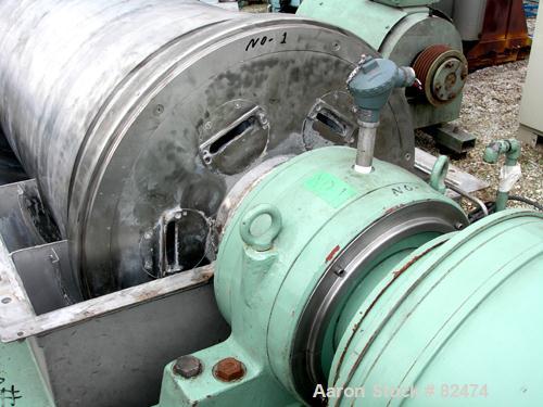 USED: Tomoe/Sharples PM-75000 Super-D-Canter centrifuge, 316 stainless steel construction on product contact areas. Max bowl speed 2700 rpm, 10" single lead conveyor with sintered tungsten carbide we...