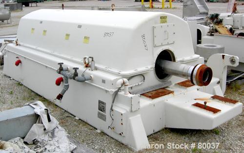 Used Sharples PM-85000 Super-D-Canter Centrifuge, 316 Stainless Steel Construction on Product Contact Areas. Max bowl speed 2345 RPM, sintered tungsten carbide lined beach section, 12" single lead tr...