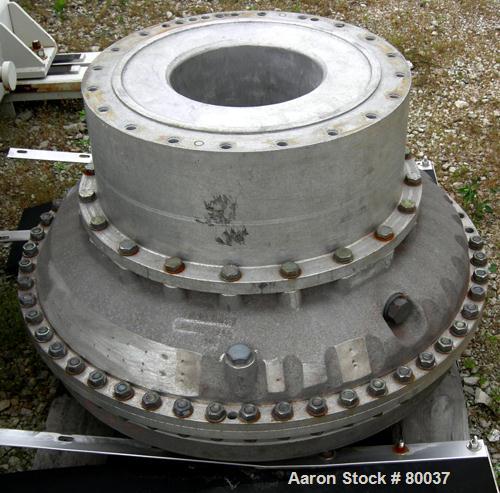 Used Sharples PM-85000 Super-D-Canter Centrifuge, 316 Stainless Steel Construction on Product Contact Areas. Max bowl speed 2345 RPM, sintered tungsten carbide lined beach section, 12" single lead tr...