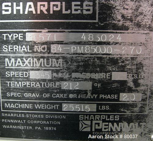 Used Sharples PM-85000 Super-D-Canter Centrifuge, 316 Stainless Steel Construction on Product Contact Areas. Max bowl speed 2345 RPM, sintered tungsten carbide lined beach section, 12" single lead tr...