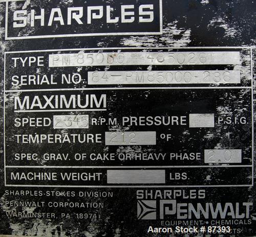 USED: Sharples PM-85000 Super-D-Canter centrifuge, 316 stainless steel construction on product contact areas. Max bowl speed 2345 rpm, sintered tungsten carbide lined beach section, 12" single lead t...