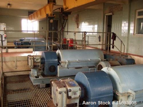 Used Sharples PM3500 MK1.5SD Super Decanter Centrifuge, stainless steel. With 40 hp/30 kW, max bowl speed 3150 rpm, scroll size 14" (355 mm) diameter x 48" (1220mm) long. Size 5.6' x 9.5' x 3.6' (170...