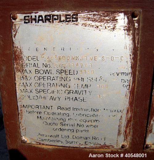Used Sharples PM-35000 Super-D-Canter Centrifuge, 316 stainless steel construction  (product contact areas ), maximum bowl speed 3150 rpm, 5 1/2" quasi-axial single lead conveyor with sintered tungst...