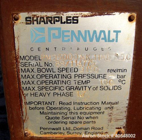 Used Sharples PM-35000 Super-D-Canter Centrifuge, 316 stainless steel construction  (product contact areas ),  maximum bowl speed 3150 rpm, 5 1/2" quasi-axial single lead conveyor with sintered tungs...