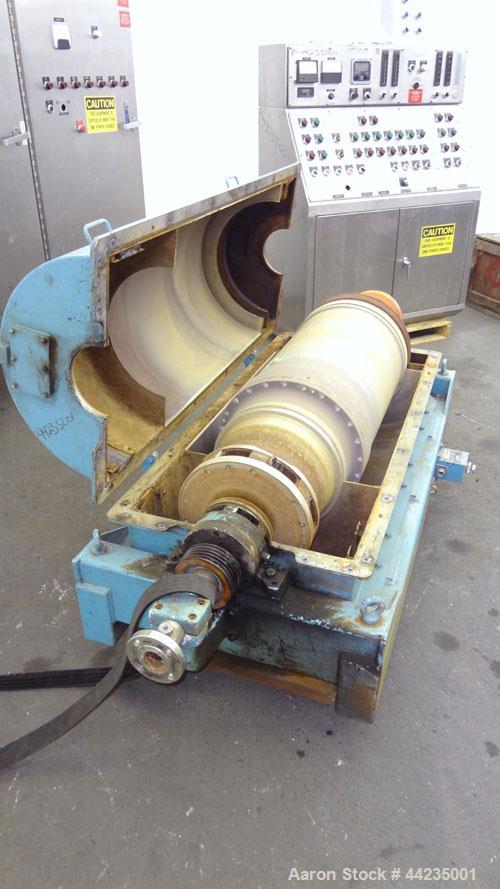 Used Sharples PM-35000 Super-D-Canter Centrifuge. 316 Stainless steel construction (product contact areas), maximum bowl speed 3250 rpm, 5" single lead tru-axial vaned conveyor with sintered tungsten...