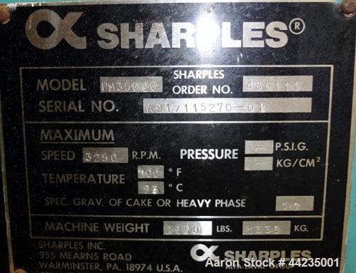 Used Sharples PM-35000 Super-D-Canter Centrifuge. 316 Stainless steel construction (product contact areas), maximum bowl speed 3250 rpm, 5" single lead tru-axial vaned conveyor with sintered tungsten...