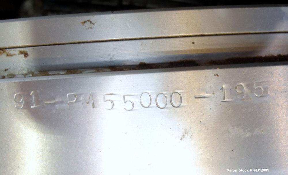Used Sharples PM-55000 Super-D-Canter Centrifuge. 317 Stainless steel construction (product contact areas), 8” single lead quasi-axial conveyor with STC wear protection tiles, 360 degree solids disch...