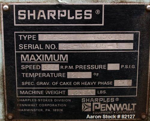 USED: Sharples XM-505 Super-D-Canter Centrifuge. 317/316 stainless steel construction on product contact areas. Max bowl speed 2800 rpm, 8" single lead tru-axial design conveyor with STC wear protect...