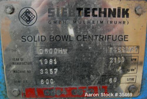 USED: Tema Siebtechnik D-600-hw descade solid bowl decanter centrifuge, S/S. 24" dia x 30" long i.d., max bowl spd 2100 rpm, overhung housing with washing feature. 75 hp motor 440/3/60/1775 rpm/ 365 ...
