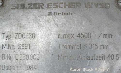 Used Sulzer Escher Wyss ZDC-30 Decanter Centrifuge, Type ZDC-30, Hastelloy S on product contact parts. Gas tight design. Casing No 2 purge seals with meter. 12.3" diameter x 35.1" straight side (315m...