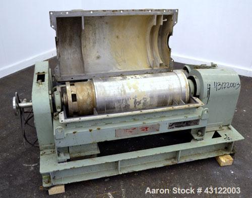 Used Tomoe TSM-010 Super-D-Canter Centrifuge. 316 Stainless steel construction (product contact areas), maximum bowl speed 3900 rpm, cake discharge ports, 3" single lead conveyor with STC tiles, 360 ...