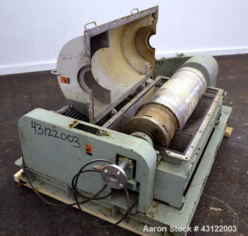 Used Tomoe TSM-010 Super-D-Canter Centrifuge. 316 Stainless steel construction (product contact areas), maximum bowl speed 3900 rpm, cake discharge ports, 3" single lead conveyor with STC tiles, 360 ...