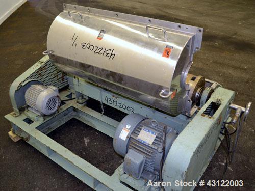 Used Tomoe TSM-010 Super-D-Canter Centrifuge. 316 Stainless steel construction (product contact areas), maximum bowl speed 3900 rpm, cake discharge ports, 3" single lead conveyor with STC tiles, 360 ...
