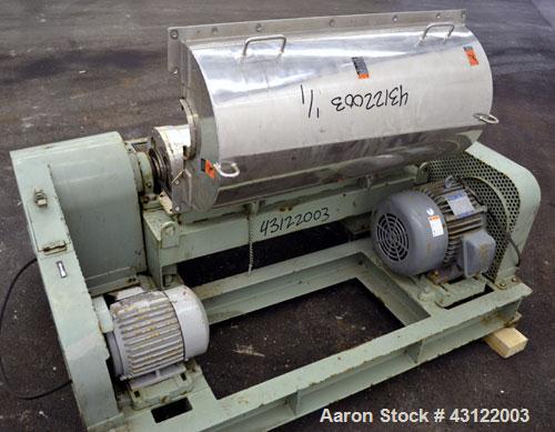 Used Tomoe TSM-010 Super-D-Canter Centrifuge. 316 Stainless steel construction (product contact areas), maximum bowl speed 3900 rpm, cake discharge ports, 3" single lead conveyor with STC tiles, 360 ...
