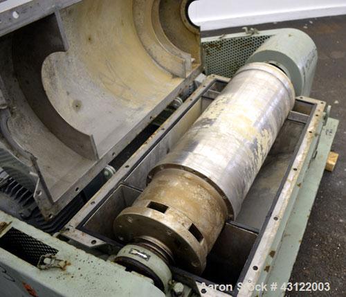 Used Tomoe TSM-010 Super-D-Canter Centrifuge. 316 Stainless steel construction (product contact areas), maximum bowl speed 3900 rpm, cake discharge ports, 3" single lead conveyor with STC tiles, 360 ...