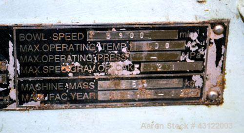Used Tomoe TSM-010 Super-D-Canter Centrifuge. 316 Stainless steel construction (product contact areas), maximum bowl speed 3900 rpm, cake discharge ports, 3" single lead conveyor with STC tiles, 360 ...