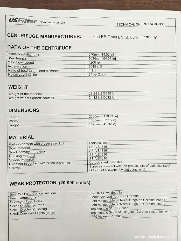 US Filter - Hiller JS1500ED Solid Bowl Decanter Centrifuge