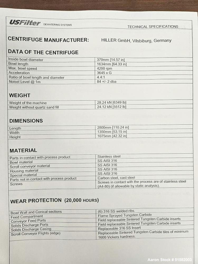 US Filter - Hiller JS1500ED Solid Bowl Decanter Centrifuge