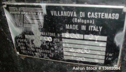 Used Veronesi MDA-700 Solid Bowl Decanter Centrifuge. 316 Stainless steel construction on product contact parts. Max bowl speed 4600 rpm, 2 phase separation (liquid/solids), 1.17" (30 mm) single lead...