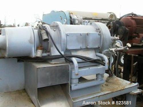 USED: Westfalia CA-220-000 solid bowl decanter centrifuge. 316 stainless steel construction on product contact areas, max bowl speed 5500 rpm, centripetal pump liquid discharge, cyclo gearbox, 15 hp ...