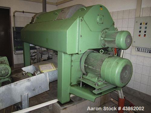 Used Westfalia CA450-00-02 solid bowl decanter Centrifuge, Stainless steel construction on product contact areas. Maximum bowl speed 3200 rpm, 22Kw/400volt/50 cycle single row of lined cake discharge...