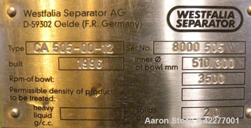 Unused- Westfalia CA-505-00-12 Solid Bowl Decanter Centrifuge, 316 stainless steel construction (product contact areas), max bowl speed 3500 rpm, two-gear design, gearbox, main drive, backdrive, lube...
