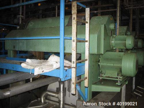 Used Westfalia CA-635-06-39 Solid Bowl Decanter Centrifuge. 316 Stainless steel (1.4401), max bowl speed 2665 rpm, gearbox, base, casing, motor 165 hp/110 kW/380 volt/50 cycle/3 ph motor. Includes hy...