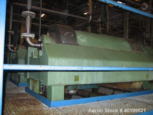 Used Westfalia CA-635-06-39 Solid Bowl Decanter Centrifuge. 316 Stainless steel (1.4401), max bowl speed 2665 rpm, gearbox, base, casing, motor 165 hp/110 kW/380 volt/50 cycle/3 ph motor. Includes hy...