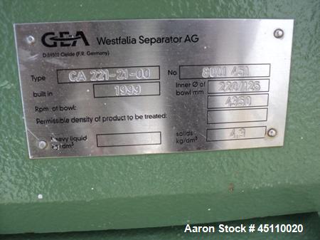 Used Westfalia Solid Bowl Decanter Centrifuge, Model CA221-21-00