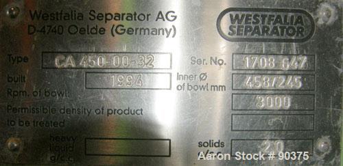 Used Westfalia Solid Bowl Decanter Centrifuge, CA-450-00-32