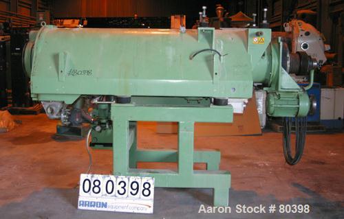 USED: Westfalia CA-505-01-12 solid bowl decanter centrifuge, 316 stainless steel construction on product contact areas. Max bowl speed 3500 rpm, 6" (160mm) single lead conveyor with welded hardfacing...