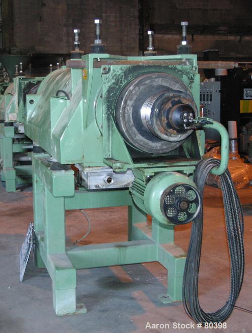 USED: Westfalia CA-505-01-12 solid bowl decanter centrifuge, 316 stainless steel construction on product contact areas. Max bowl speed 3500 rpm, 6" (160mm) single lead conveyor with welded hardfacing...